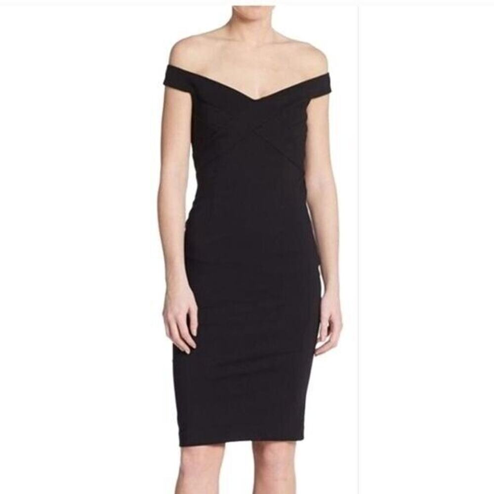 Nicholas Black Off the Shoulder Sleeveless Knee Length Ponte Sheath Dress Size 8